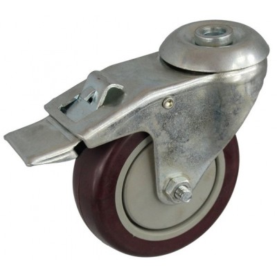 Колесо А 100 (007-060-100) с кронштейном поворотным пластик/полиуретан с отверстием 12,5 с тормозом